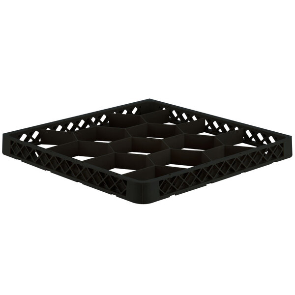 A black plastic container with lattice pattern holes for glasses.