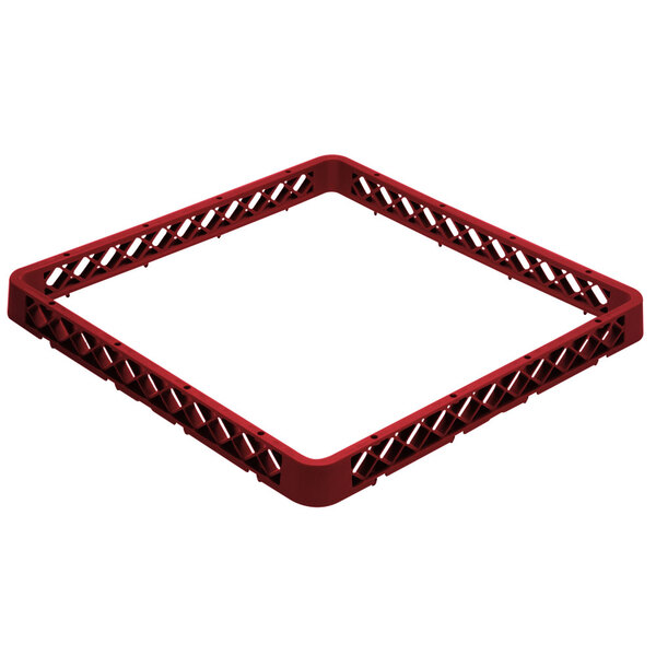 A red square Vollrath Traex glass rack extender with black holes.