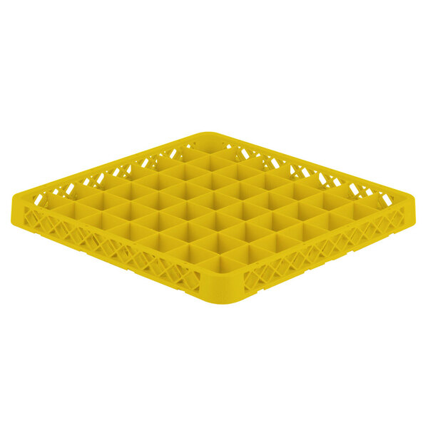 A Vollrath yellow plastic tray with many holes.