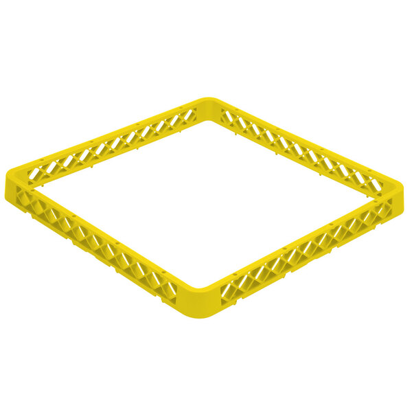 A yellow plastic Vollrath Traex glass rack extender with a square frame and handle.