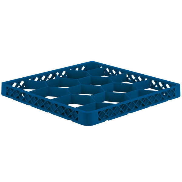 A Vollrath Traex royal blue plastic crate with 12 compartments for glasses.