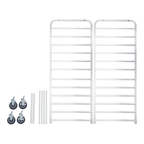 An unassembled metal rack kit with two vertical frames, four caster wheels, and several horizontal support bars.