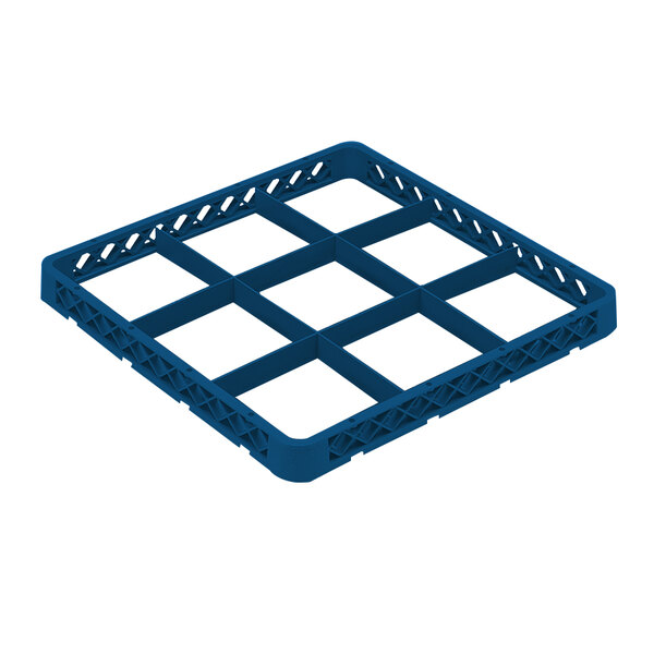 A blue plastic Vollrath Traex glass rack extender with 9 compartments.