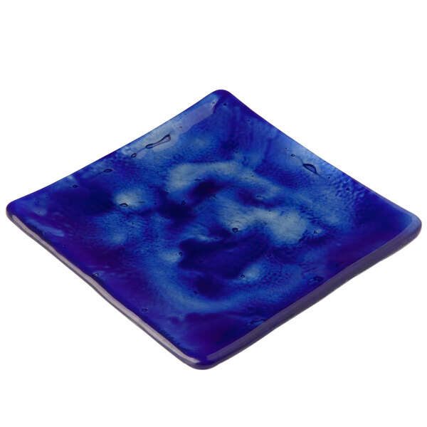 A 10 Strawberry Street blue glass square plate with a white background.