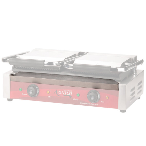 A close-up of an Avantco P8 Series Panini Grill with two drip trays underneath.
