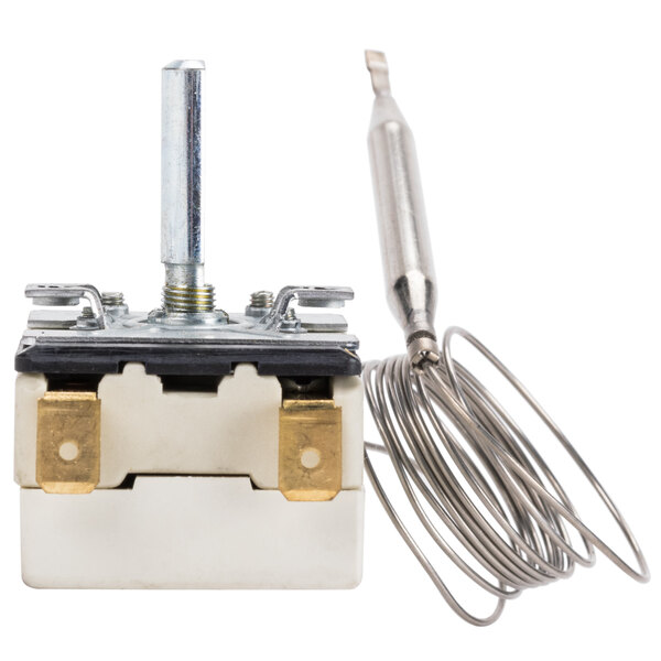 A close-up of an Avantco thermostat with wires and metal parts.