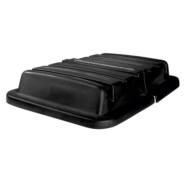 A black Rubbermaid hinged dome lid on a black plastic container.