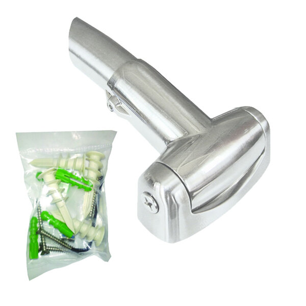 A silver metal Crescent Suite swivel bracket next to a plastic bag of screws and dowels.
