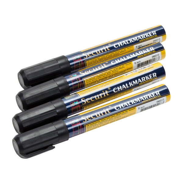 A group of black American Metalcraft Securit chalk markers with small yellow tips.