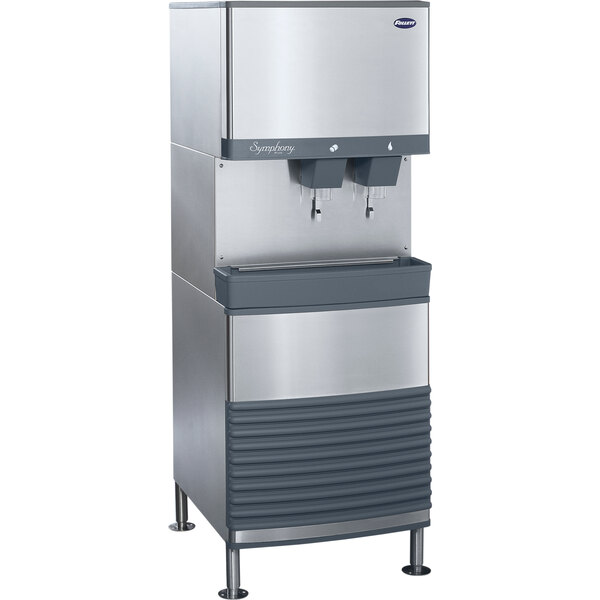 A stainless steel Follett 110 FB Series freestanding combination ice maker and water dispenser.
