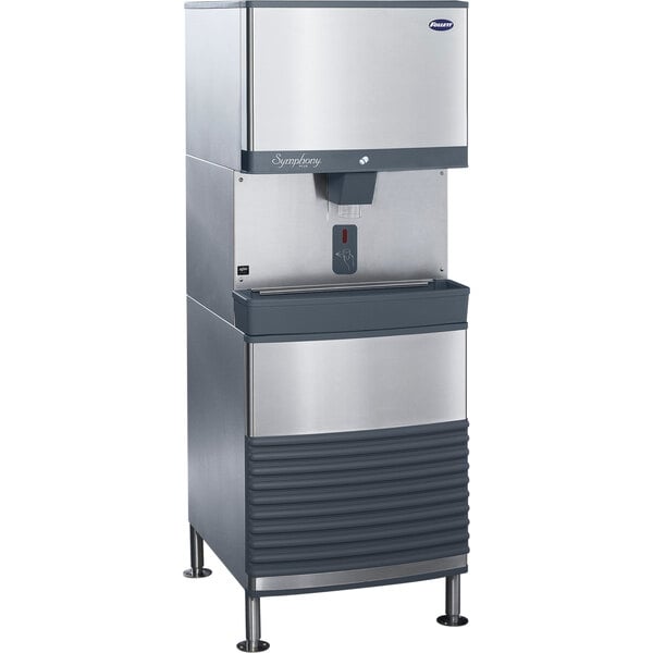 A silver and black Follett ice machine with a water dispenser.