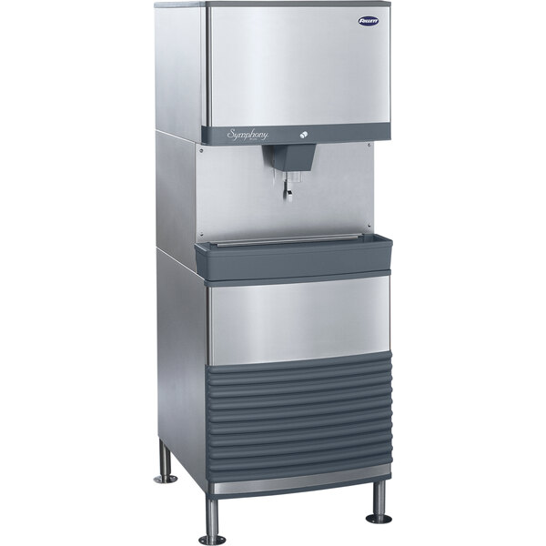 A stainless steel Follett 110 FB Series freestanding ice machine with a water dispenser.