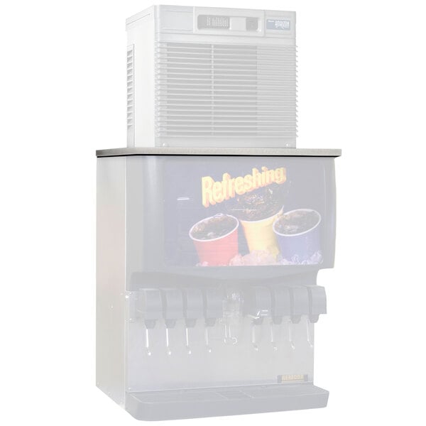 A stainless steel rectangular vented top for a Follett ice machine on a drink dispenser.
