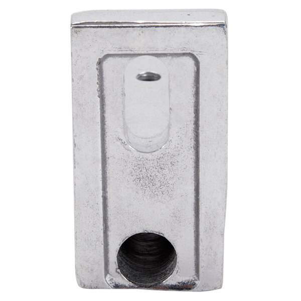 A close-up of the Avantco base support bracket for a meat slicer, a square metal box with a hole in it.