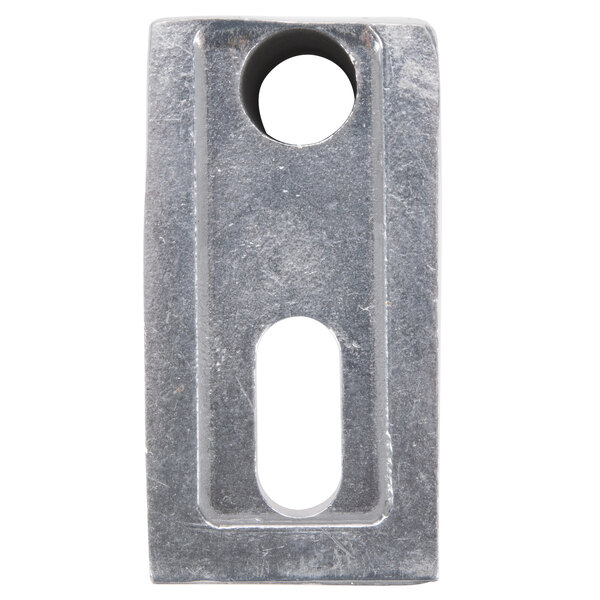 A metal base support bracket with a hole in it.