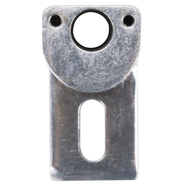 A close-up of a metal Avantco base support bracket with a hole in the middle.