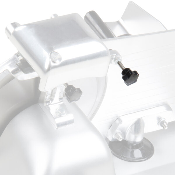 A close-up of a white Avantco meat slicer knob with a metal handle.