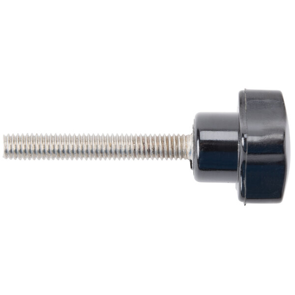 A black plastic screw with a metal head and a black plastic cap.