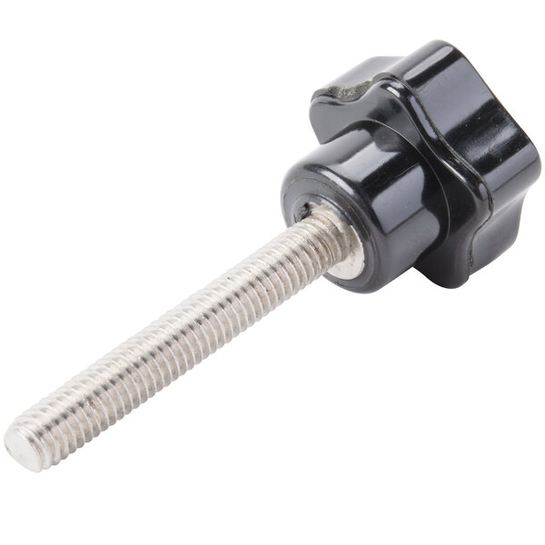 A black plastic screw with a metal head and black plastic knob.