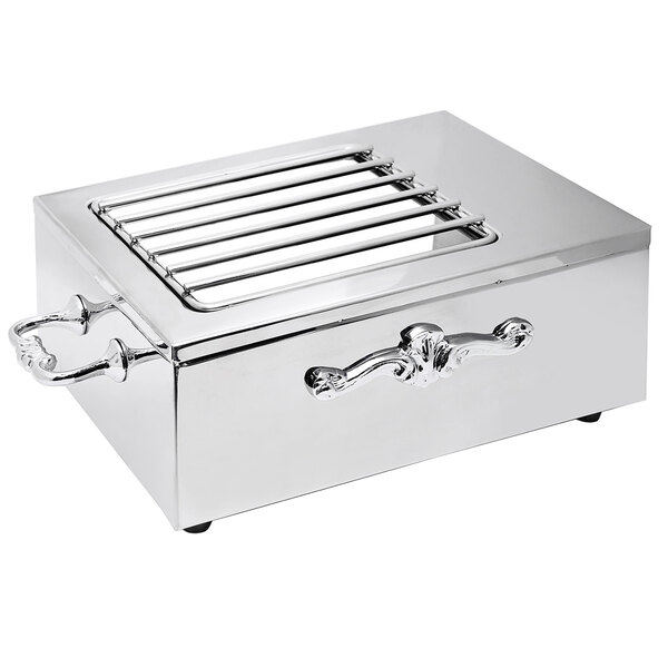 A silver rectangular stainless steel cover with grates on a handle.
