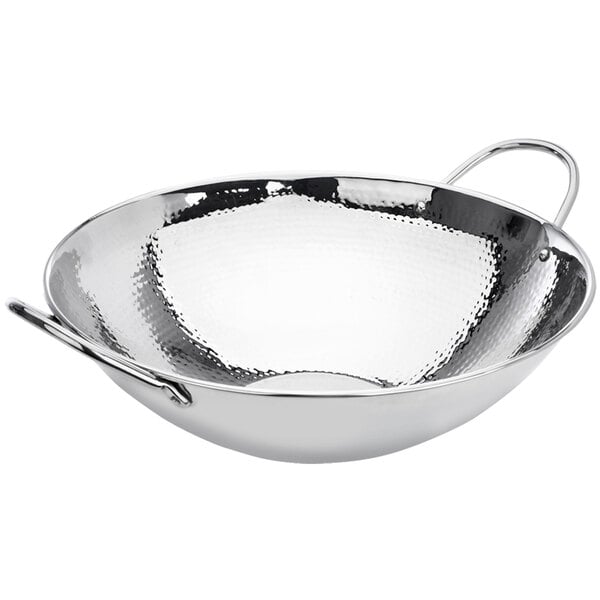 A silver stainless steel Eastern Tabletop wok with handles.