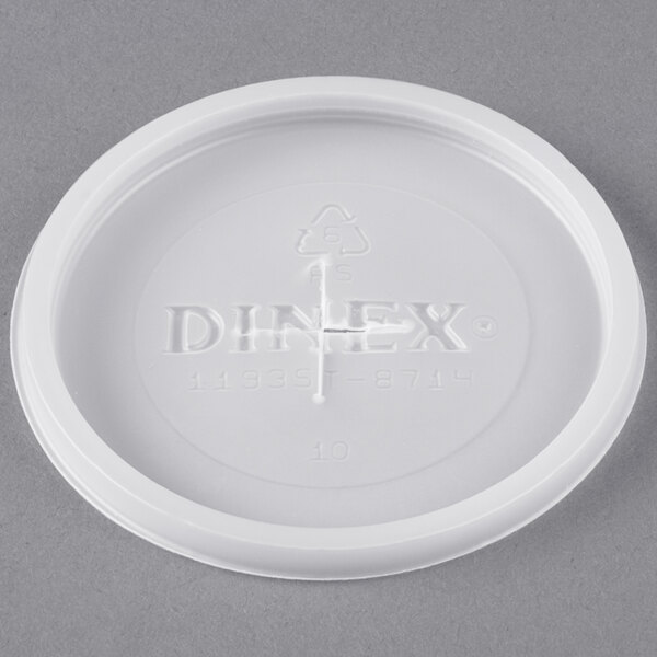 A white plastic lid with a straw slot and text that reads "Dinex Classic"