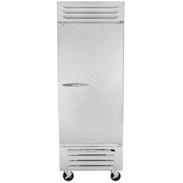 A silver rectangular Beverage-Air reach-in refrigerator with a silver handle.