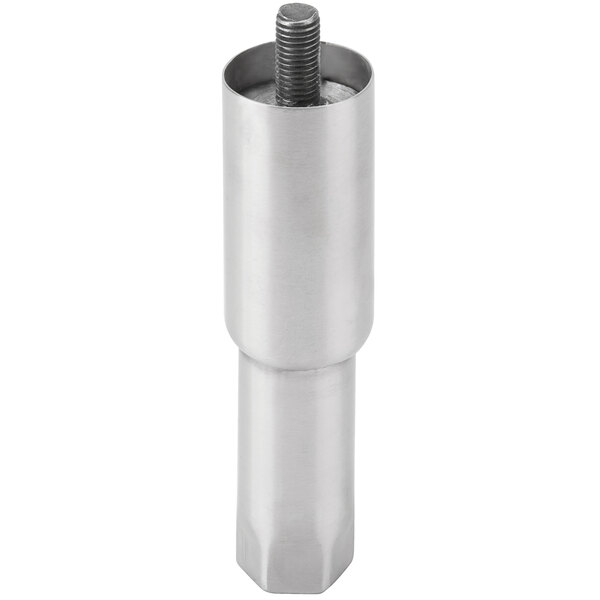 A stainless steel Avantco leg with a screw.