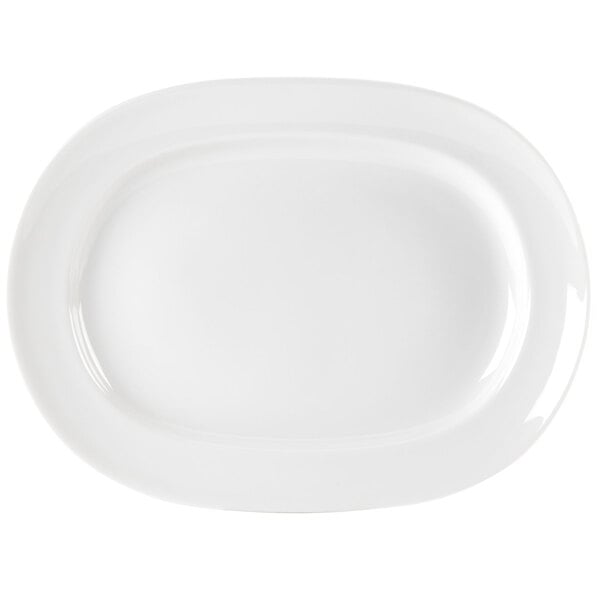 A Homer Laughlin bright white china platter with a rounded edge.