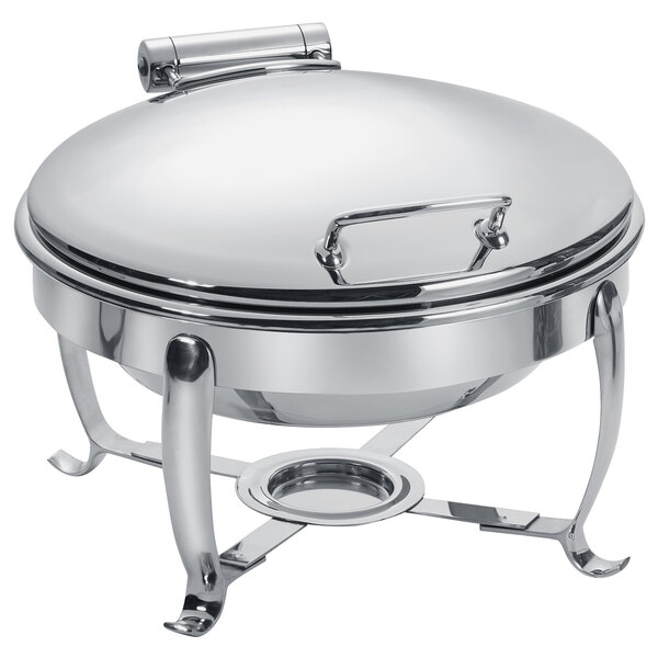 Eastern Tabletop 3918S 6 Qt. Stainless Steel Round Induction / Traditional Chafer with Stand and Hinged Dome Cover