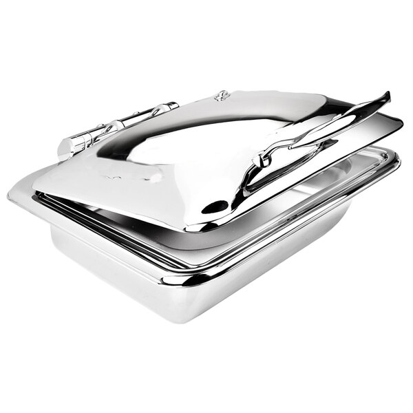 An Eastern Tabletop stainless steel rectangular chafer with a hinged glass lid on a counter.