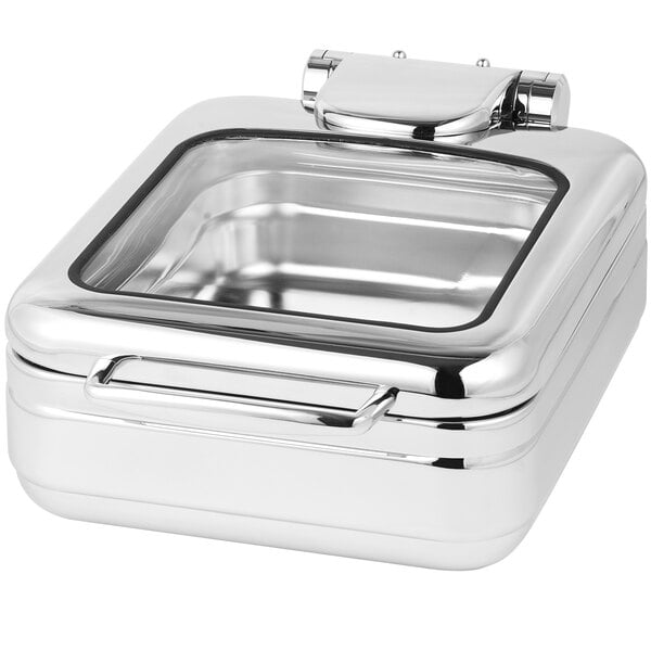 An Eastern Tabletop stainless steel square chafer with a glass dome lid on a counter.