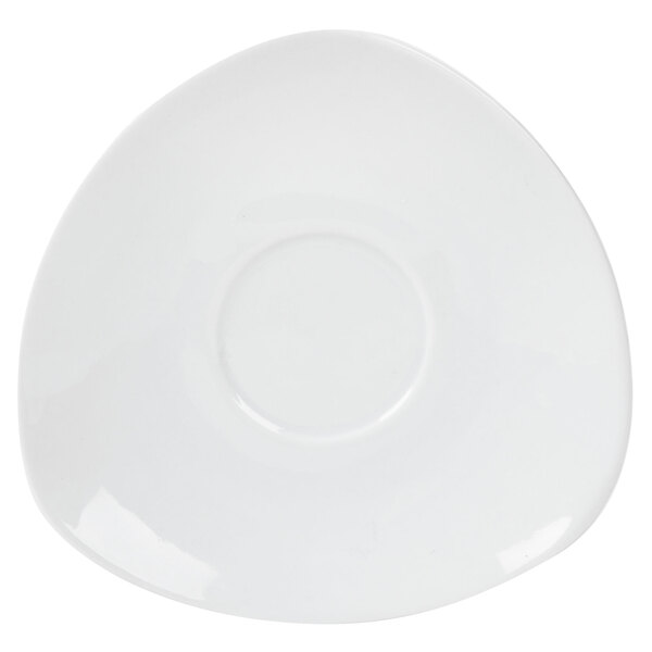 A white plate with a triangular saucer.