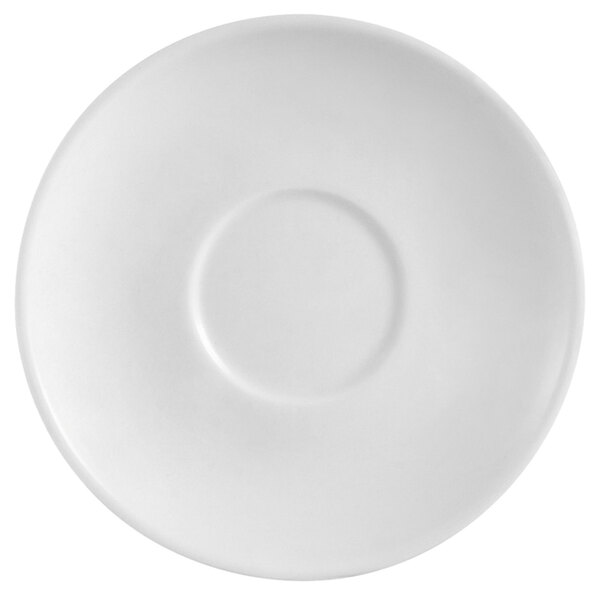 A CAC Super White Clinton saucer with a small rim around the edge.