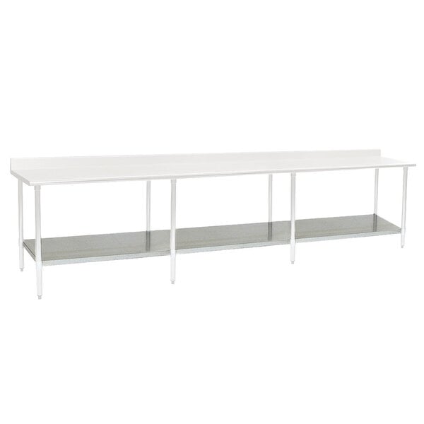 A long white table with a galvanized metal undershelf.