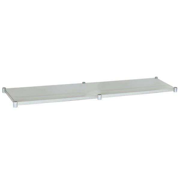 A white metal rectangular shelf with four screws.