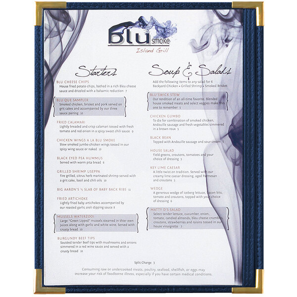 A Menu Solutions Royal blue menu board with smoke white text.