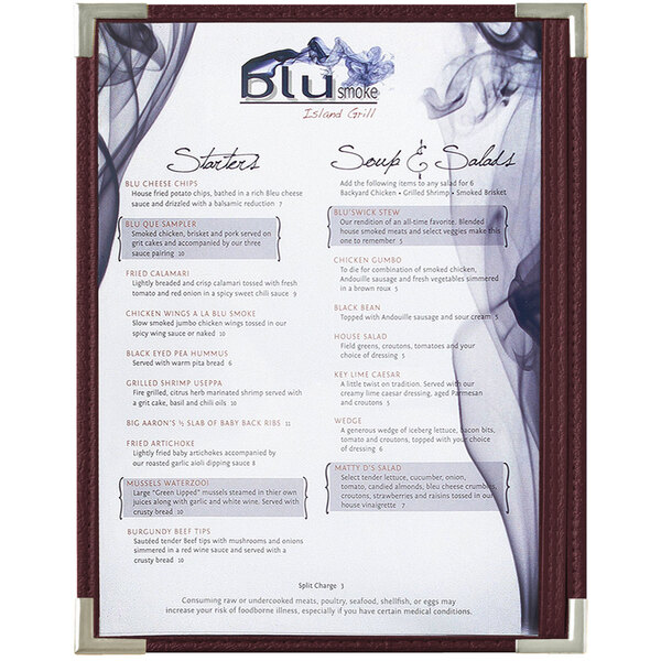 A Royal burgundy menu board with silver corners and writing on a white background.