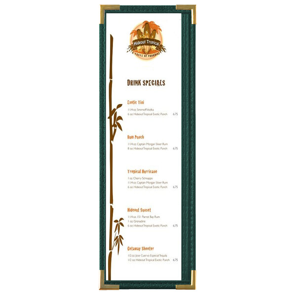 A Royal green menu board with gold corners on a white background.