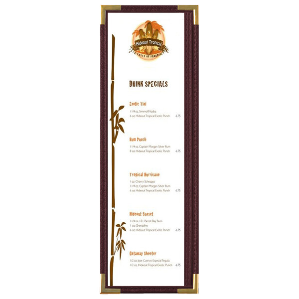 A Menu Solutions burgundy menu board with gold corners holding a menu with brown leaves and white text.