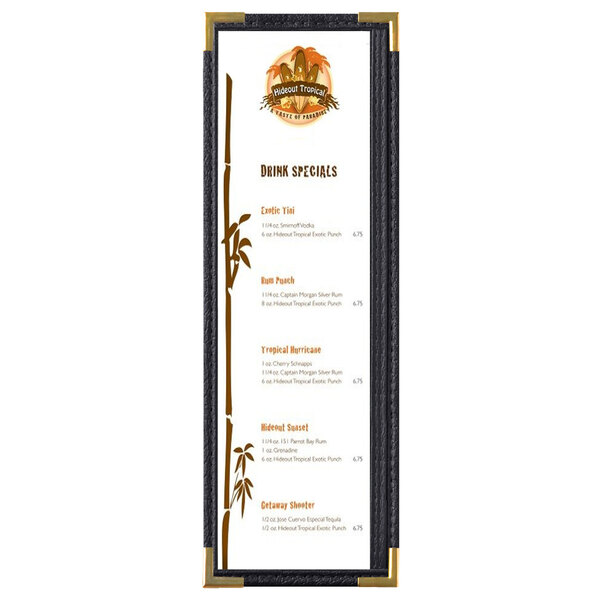 A black menu board with gold corners holding a menu.
