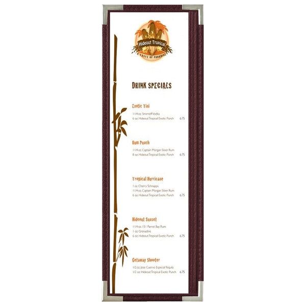 A Menu Solutions Royal burgundy menu board with silver corners.