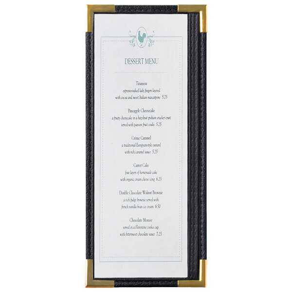 A black menu board with gold corners holding a restaurant menu.