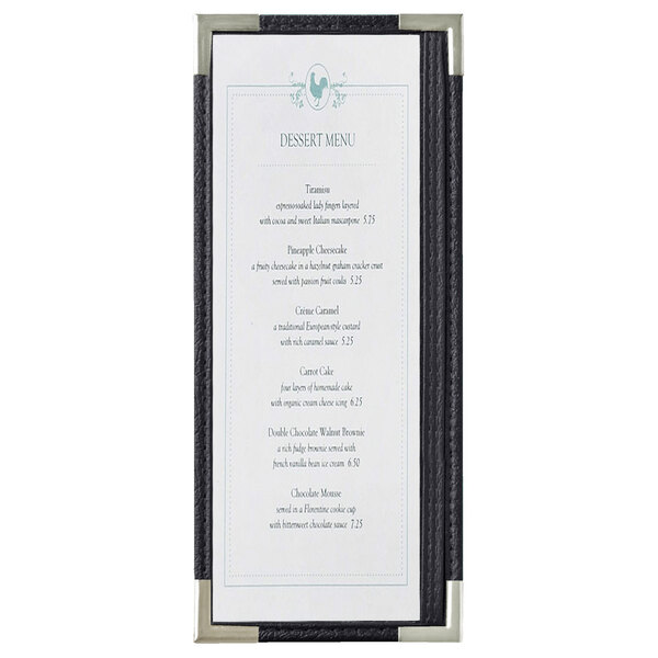 A Royal menu board with a black frame and silver corners holding menu cards.