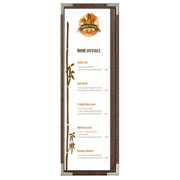 A brown Menu Solutions menu board with silver corners holding a menu with bamboo on it.