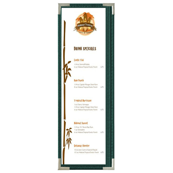 A Royal green menu board with silver corners.