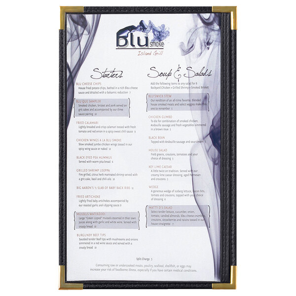 A Menu Solutions black menu board with a gold border holding a menu with smoke and text.