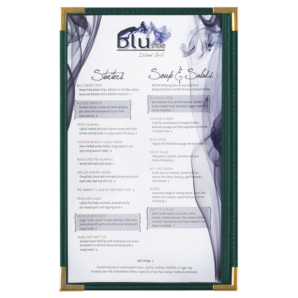 A Menu Solutions green menu board with gold corners holding a menu with writing on it.