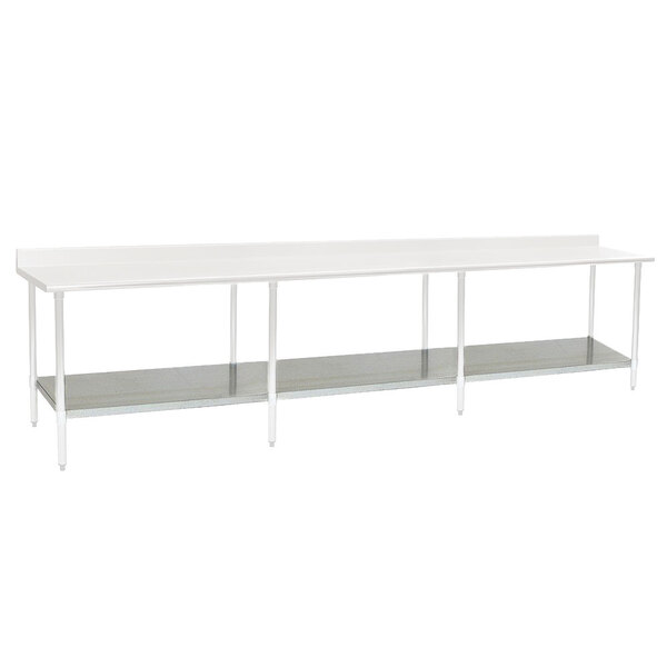 A long white table with a stainless steel undershelf.