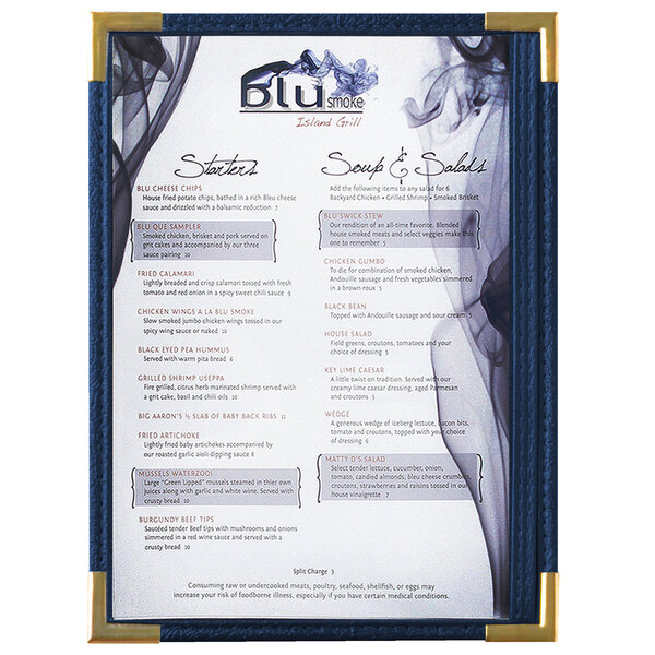 A Menu Solutions blue menu board with gold corners.